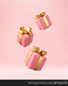 3d pink gift boxes with golden ribbon and bow. Birthday celebration concept. Merry New Year and Merry Christmas pink gift boxes with golden bows. 3d rendering. Vector illustration. 3d white gift boxes