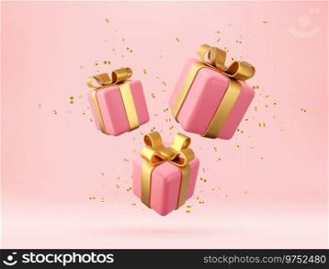3d pink gift boxes with golden ribbon and bow. Birthday celebration concept. Merry New Year and Merry Christmas pink gift boxes with golden bows. 3d rendering. Vector illustration. 3d white gift boxes
