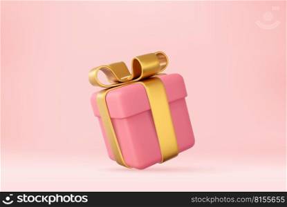 3d pink gifts box with golden ribbon. Holiday decoration presents. Festive gift surprise. 3d rendering. Vector illustration. 3d gifts box