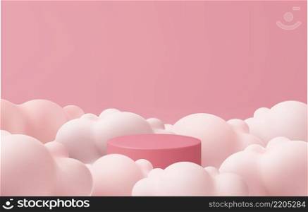 3d pink podium and minimal cloud white scene, Sky and heaven concept for product promotion with copy space. Tube pedestal minimalist trendy template. 3D render mockup Vector illustration.. 3d pink podium