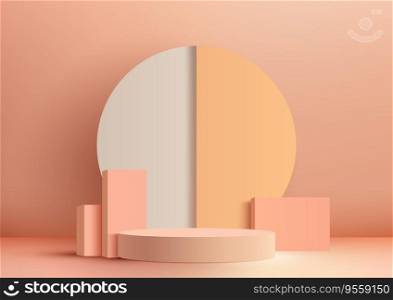 3D pink podium with circle backdrop and geometric elements is a modern and minimalist design perfect for product display. Vector illustration