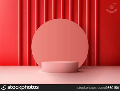 3D pink podium with circle backdrop and red wall scene is a modern and minimalist mockup for product display. It is perfect for showcasing your products in a stylish and elegant way. Vector illustration