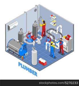 3d Plumber People Composition. 3d plumber people composition in isometric style in uniform work in the basement vector illustration