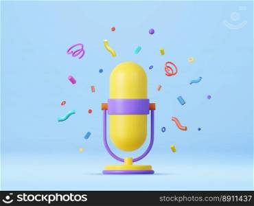 3d Podcast microphone on stand with abstract shapes, audio equipment icon. Professional equipment for audio broadcasts and interviews. 3d rendering. Vector illustration. 3d Podcast microphone on stand, audio equipment