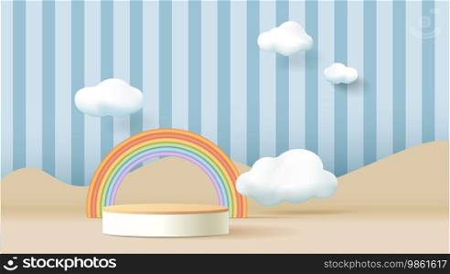 3d podium on pastel background with clouds and cute rainbow, kids product display.