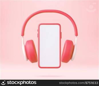 3d Portable headphones with phone. listening to music through the app. Concept banner design for music streaming service. 3d rendering. Vector illustration. 3d Portable headphones with phone