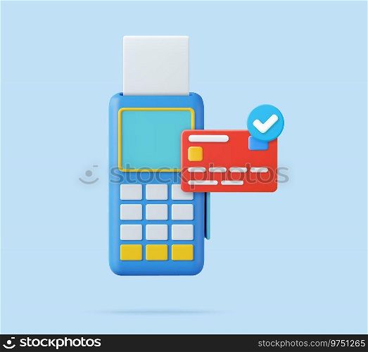 3d Pos terminal with receipt and credit card. Pos terminal payment concept. online shopping, electronic bill payment, Money transactions online. 3d rendering. Vector illustration. 3d Pos terminal with receipt and credit card.