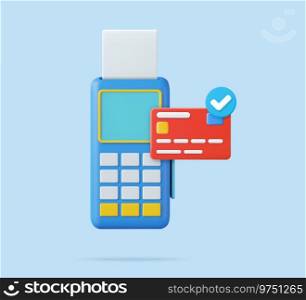3d Pos terminal with receipt and credit card. Pos terminal payment concept. online shopping, electronic bill payment, Money transactions online. 3d rendering. Vector illustration. 3d Pos terminal with receipt and credit card.