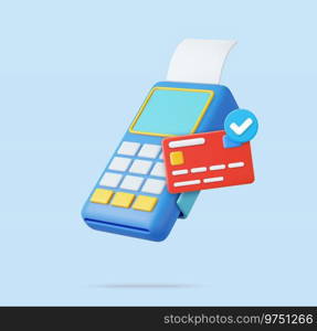 3d Pos terminal with receipt and credit card. Pos terminal payment concept. online shopping, electronic bill payment, Money transactions online. 3d rendering. Vector illustration. 3d Pos terminal with receipt and credit card.