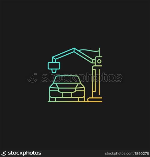 3d printed automobile gradient vector icon for dark theme. Innovative automotive project. Printing car prototype. Thin line color symbol. Modern style pictogram. Vector isolated outline drawing. 3d printed automobile gradient vector icon for dark theme