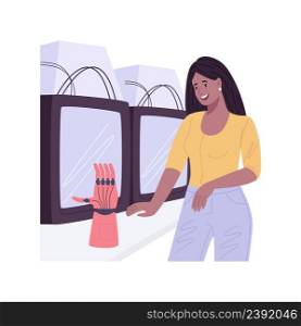 3D printed bionic hand isolated cartoon vector illustrations. Woman stands near bionic hand prothesis, modern technology, 3D printing, prosthetics industry, robotic innovation vector cartoon.. 3D printed bionic hand isolated cartoon vector illustrations.