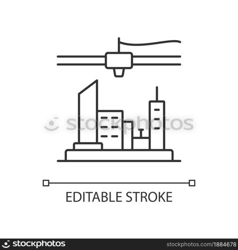 3d printed city plan linear icon. Urban design. Visualization technology. Construction industry. Thin line customizable illustration. Contour symbol. Vector isolated outline drawing. Editable stroke. 3d printed city plan linear icon