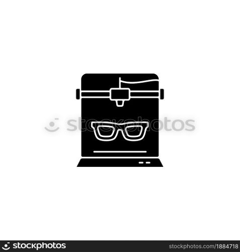 3d printed glasses black glyph icon. Innovation in eyewear industry. Custom-made accessory. Additive manufacturing. Production method. Silhouette symbol on white space. Vector isolated illustration. 3d printed glasses black glyph icon