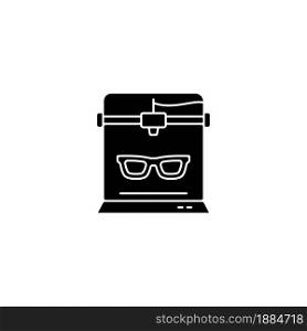 3d printed glasses black glyph icon. Innovation in eyewear industry. Custom-made accessory. Additive manufacturing. Production method. Silhouette symbol on white space. Vector isolated illustration. 3d printed glasses black glyph icon
