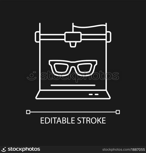 3d printed glasses white linear icon for dark theme. Eyewear industry. Innovative production. Thin line customizable illustration. Isolated vector contour symbol for night mode. Editable stroke. 3d printed glasses white linear icon for dark theme