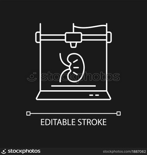 3d printed kidney white linear icon for dark theme. Transplantable artificial kidney. Thin line customizable illustration. Isolated vector contour symbol for night mode. Editable stroke. 3d printed kidney white linear icon for dark theme