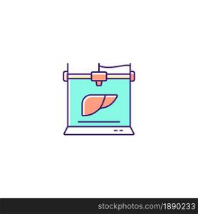 3d printed liver RGB color icon. Creating artificial organ. Innovation in biomedical field. Liver transplantation. Bioprinted organ model. Isolated vector illustration. Simple filled line drawing. 3d printed liver RGB color icon