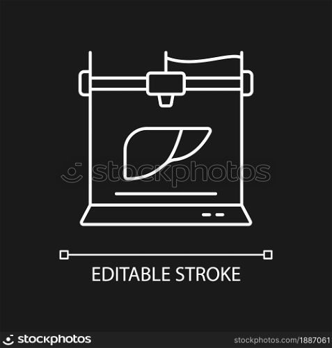 3d printed liver white linear icon for dark theme. Creating artificial organ. Biomedical field. Thin line customizable illustration. Isolated vector contour symbol for night mode. Editable stroke. 3d printed liver white linear icon for dark theme