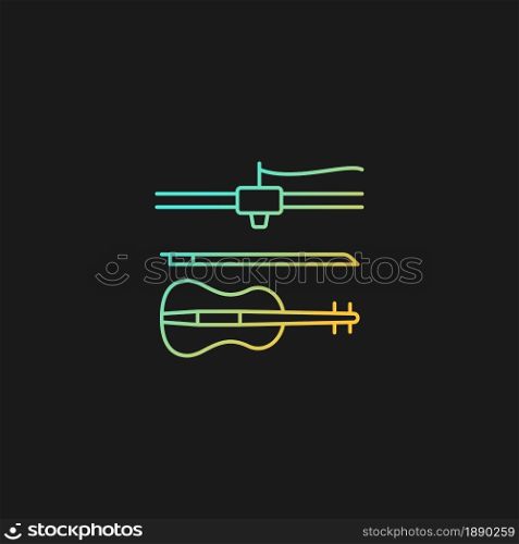 3d printed musical instruments gradient vector icon for dark theme. Printing acoustic violin. Additive manufacturing. Thin line color symbol. Modern style pictogram. Vector isolated outline drawing. 3d printed musical instruments gradient vector icon for dark theme