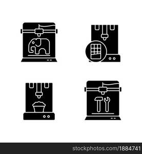 3d printed physical objects black glyph icons set on white space. Food products manufacturing. 3d toys models for kids. Creating functional tools. Silhouette symbols. Vector isolated illustration. 3d printed physical objects black glyph icons set on white space