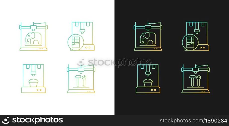 3d printed physical objects gradient icons set for dark and light mode. Food manufacturing. Thin line contour symbols bundle. Isolated vector outline illustrations collection on black and white. 3d printed physical objects gradient icons set for dark and light mode