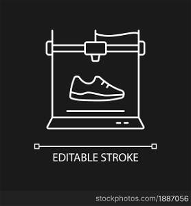 3d printed shoes white linear icon for dark theme. Fabricating lightweight, comfortable footwear. Thin line customizable illustration. Isolated vector contour symbol for night mode. Editable stroke. 3d printed shoes white linear icon for dark theme