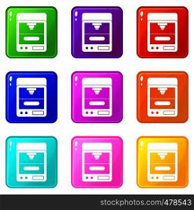 3D printer icons of 9 color set isolated vector illustration. 3D printer set 9
