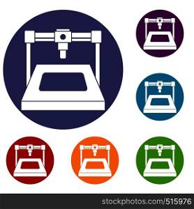 3D printer icons set in flat circle red, blue and green color for web. 3D printer icons set