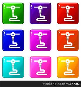3d printer printing icons of 9 color set isolated vector illustration. 3d printer printing set 9