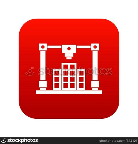 3d printer printing layout of building icon digital red for any design isolated on white vector illustration. 3d printer printing layout of building icon digital red