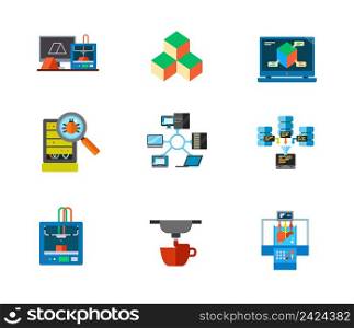 3d-printing and data center icon set. 3d printing concept Three dimensional cube Three dimensional design Bug inspection Network topology Big data technology 3d printer 3d printing process Bioprinter
