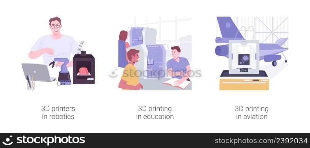 3D printing applications isolated cartoon vector illustrations set. Using 3D model in robotics, students with 3d object, technology studies, aviation industry, airplane component vector cartoon.. 3D printing applications isolated cartoon vector illustrations set.