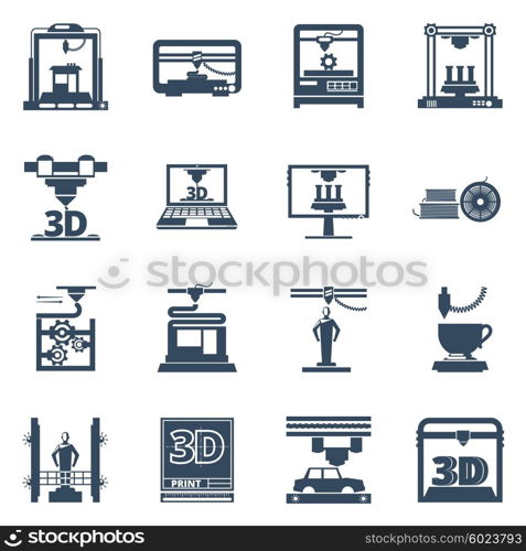 3D Printing Black Contour Icons Collection . 3D Printing technology black icons set with software for creating objects from digital files abstract isolated vector illustration