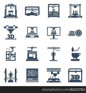 3D Printing Black Contour Icons Collection . 3D Printing technology black icons set with software for creating objects from digital files abstract isolated vector illustration