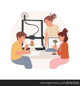 3D printing club isolated cartoon vector illustration. Group of students sit around printer, learn 3D modeling software, printing object, technology student club, middle school vector cartoon.. 3D printing club isolated cartoon vector illustration.