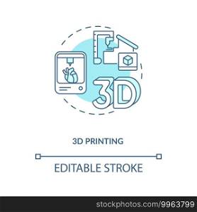 3D printing concept icon. Industry 4.0 idea thin line illustration. Additive manufacturing process. Concept proofs, prototypes, end-products. Vector isolated outline RGB color drawing. Editable stroke. 3D printing concept icon