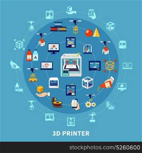 3d Printing Design Composition. 3d printing design composition with set of isolated decorative icons arranged in circle on blue background flat vector illustration