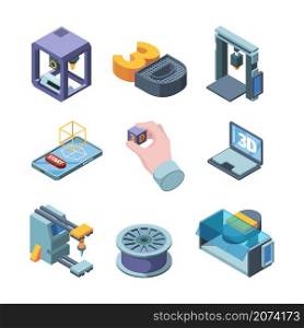 3d printing. Engineers planning buildings projects 3d modelling on smart printers garish vector isometric pictures set isolated. Illustration project model, print isometric equipment. 3d printing. Engineers planning buildings projects 3d modelling on smart printers garish vector isometric pictures set isolated