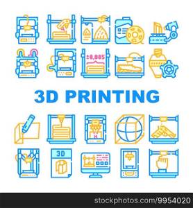 3d Printing Equipment Collection Icons Set Vector. 3d Printing Device And Scanner, Mobile Control And Monitor Settings, Details And Powder Concept Linear Pictograms. Contour Color Illustrations. 3d Printing Equipment Collection Icons Set Vector