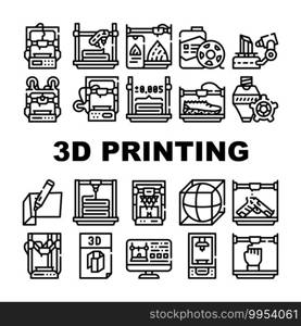3d Printing Equipment Collection Icons Set Vector. 3d Printing Device And Scanner, Mobile Control And Monitor Settings, Details And Powder Black Contour Illustrations. 3d Printing Equipment Collection Icons Set Vector