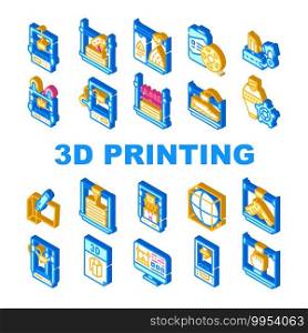 3d Printing Equipment Collection Icons Set Vector. 3d Printing Device And Scanner, Mobile Control And Monitor Settings, Details And Powder Isometric Sign Color Illustrations. 3d Printing Equipment Collection Icons Set Vector
