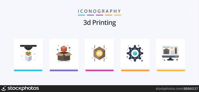 3d Printing Flat 5 Icon Pack Including computer. setting. box. printing. shape. Creative Icons Design