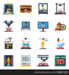 3D Printing Flat Icons Collection . Innovative technologies 3d printing industry service flat icons collection for creating prototypes models abstract isolated vector illustration
