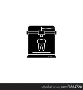3d printing for dentistry black glyph icon. Dental implants production. Innovation in medical field. Create physical prototypes. Silhouette symbol on white space. Vector isolated illustration. 3d printing for dentistry black glyph icon