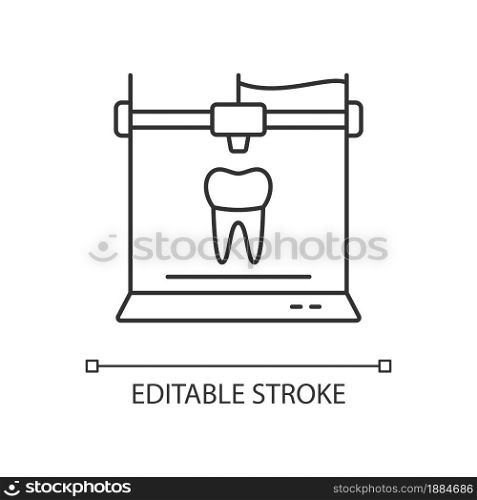 3d printing for dentistry linear icon. Dental implants production. Innovation in medical field. Thin line customizable illustration. Contour symbol. Vector isolated outline drawing. Editable stroke. 3d printing for dentistry linear icon