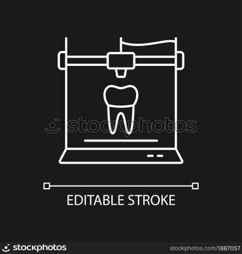 3d printing for dentistry white linear icon for dark theme. Dental implants production. Thin line customizable illustration. Isolated vector contour symbol for night mode. Editable stroke. 3d printing for dentistry white linear icon for dark theme