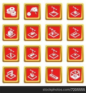 3d printing icons set vector red square isolated on white background . 3d printing icons set red square vector