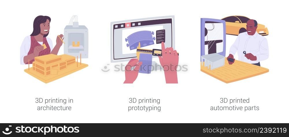 3D printing in business isolated cartoon vector illustrations set. Architecture model, three-dimensional project presentation, prototyping in engineering, printed automotive parts vector cartoon.. 3D printing in business isolated cartoon vector illustrations set.
