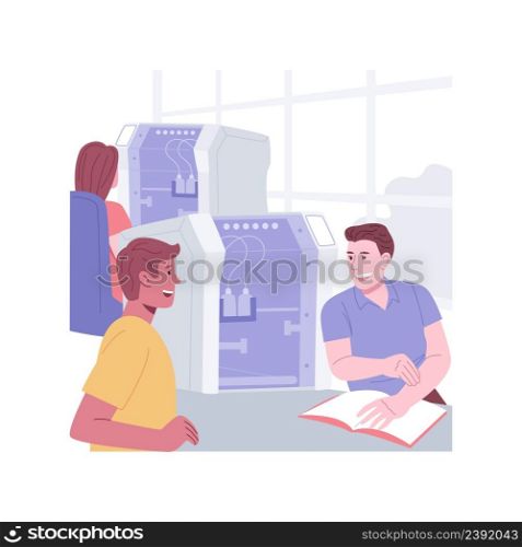 3D printing in education isolated cartoon vector illustrations. Group of students learning with 3D model, IT technology, technological classes, modern educational process vector cartoon.. 3D printing in education isolated cartoon vector illustrations.