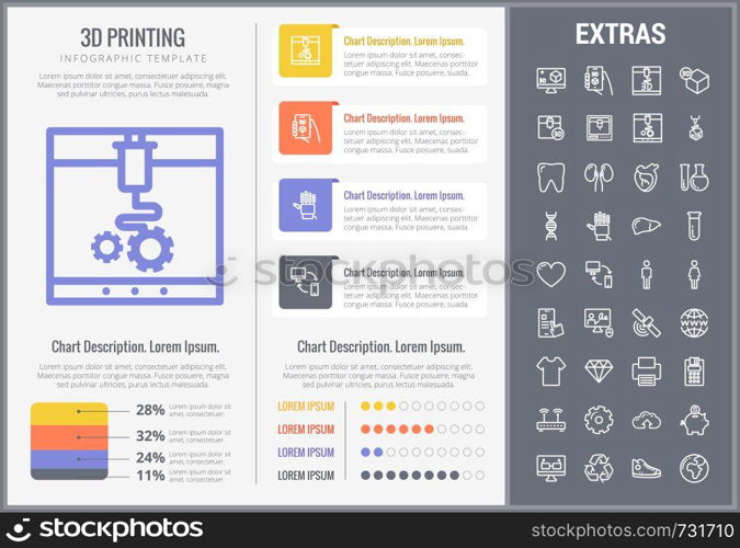 3D printing infographic template, elements and icons. Infograph includes customizable graphs, charts, line icon set with 3D printer, products of 3D innovation technologies, printing machine etc.. 3D printing infographic template and elements.